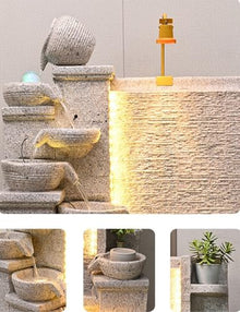 Elegant Stone Waterfall Fountain with LED Lights and Planter Shelves – Dual Sides for Indoor and Outdoor Zen Garden Decoration, 63 inch-79 inch Height Options(B+Stone Color)