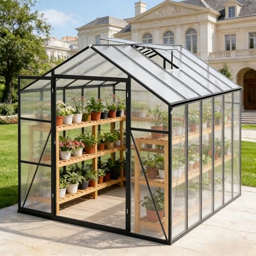 Trygoal 8x12 FT Greenhouse, Walk-in Outdoor Heavy Duty Polycarbonate Greenhouse with Raised Base & Anchor, Aluminum Frame, High Headroom & Drainage System for Backyard All Season Growing, Black