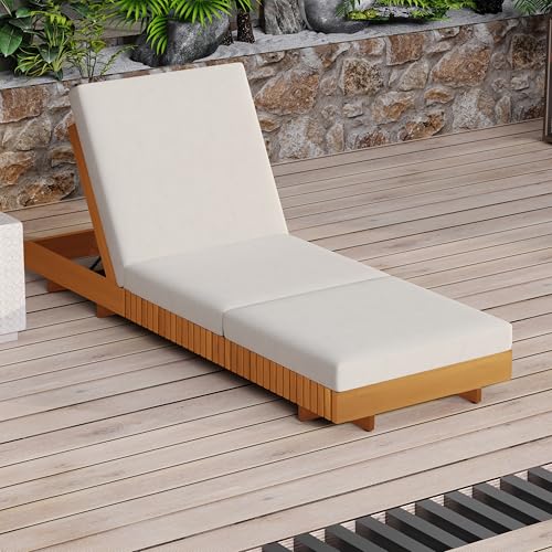 AODSHA Outdoor Chaise Lounge, Acacia Wood Patio Reclining Chairs with 6-Position Adjustable Backrest, Sunbathing Recliner with 4" Thick Triple-fold Cushion for Poolside Garden, Cream