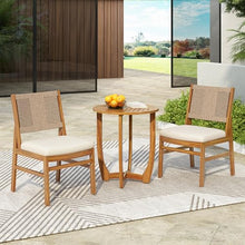 Christopher Knight Home 3-Piece Outdoor Bistro Set, Acacia Wood Patio Dining Set with 27.5" Round Table & 2 Light Brown Wicker Chairs with Cream Cushions, Teak Finish Balcony Furniture for Garden
