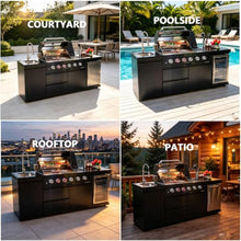 RGWYGCG Outdoor Kitchen Island Grill, 4-Burner Gas Grill with Refrigerator, Water Sink & Rotisserie Kit, Modular Outdoor Kitchen for Backyard Patio