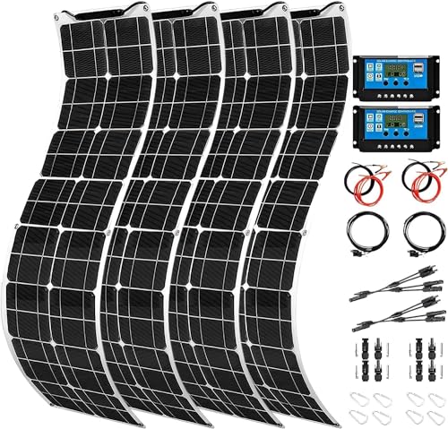 800 Watt Solar Panel Kit, 4 × 200 Watt Flexible Solar Power Panel Photovoltaic Module with 40A Solar Charge Controller Monocrystalline Solar Panel for Camping Off Grid Battery Charging Boat