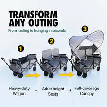 Chariot Outdoor Lawn Chariot, Folding Wagon with 2 Adult Seats & UPF 50+ Canopy, Under-Seat Storage, All-Terrain Wheels, Black Canopy
