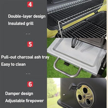 Portable Charcoal BBQ Grill, Charcoal BBQ Grill Trolley with Wheels and 2 Folding Side Table, Visual Thermometer, Adjustable Air Vent, Lifting Charcoal Basin, for Home Garden Cooking