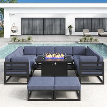 LayinSun Large Aluminum Patio Furniture Set with Fire Pit Table, 11 Pieces Outdoor Sectional Sofa Set Black/Navy Blue