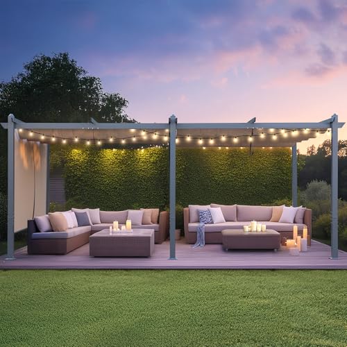 Masyardi 12 x 20 Ft Outdoor Aluminum Pergola, Retractable Canopy & 1 Side Shade for Patio Backyard Garden Deck