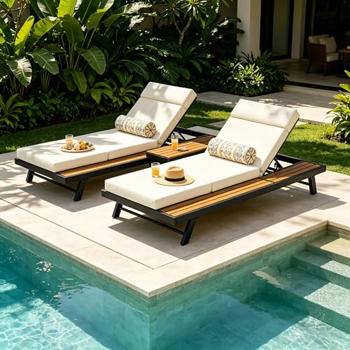 Merax 2 piece Black Iron Teak Finish Chaise Lounge Set with 4" Thick 4-Fold Cushion with Headrest, 400 lbs Capacity, Adjustable Backrest with Flat Storage Surface for Patio, Poolside, Backyard, Beige