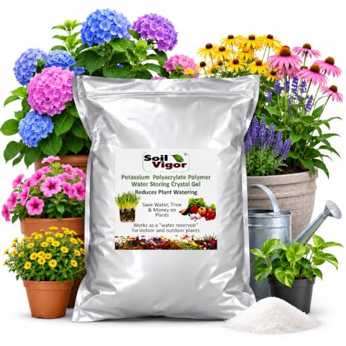 Water Storing Crystal Gel Keeps Plant Healthy, Saves Water, Time & Money – Soil Vigor Water Storing Crystals for Plants, Potassium Polyacrylate, Fine Granules 20-100 Mesh, Lasts Up to 7 Years (20 lb)