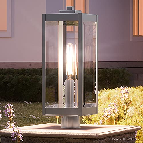 Urban Ambiance Luxury Modern Farmhouse Outdoor Post/Pier Light, Large Size: 20.5" H x 7" W, with Industrial Style Elements, Stainless Steel Finish, UQL1363, Quincy Collection