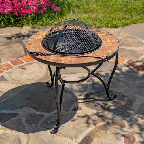 Heavy Duty 25.6" D. Mosaic Tile Fire Pit with Metal Frame and Mesh Lid (Shenandoah, Small 25.6 Inch Diameter)