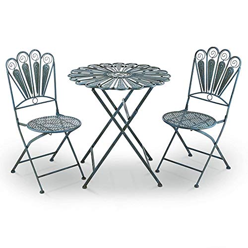 JIQHOHX Wrought Iron Garden Table and Chair Combination 3-Piece Set|Indoor Outdoor Peacock Feather Metal Round Tables Foldable Bistro Furniture,Lawn Seating,Light Blue
