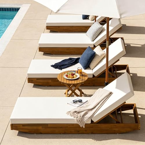 Christopher Knight Home 4-Pack Acacia Wood Chaise Lounge Chair, Teak Finish Outdoor Recliner, Cream Cushion, Heavy Duty 300 lbs Each, 79.6" x 29", Perfect for Patio or Backyard