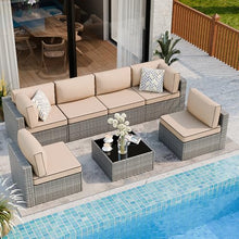 Shintenchi 7 Piece Outdoor Patio Furniture Set with Silver PE Rattan, Khaki