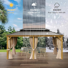 12x18ft Hardtop Gazebo, Wooden Finish Coated Aluminum Frame Canopy with Galvanized Steel Double Roof, Outdoor Permanent Metal Pavilion with Curtains & Netting for Garden, Brown (Wooden 12x18 Ft)