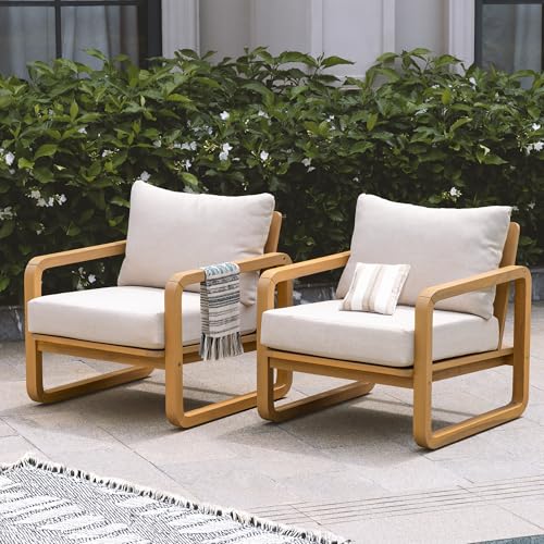 Idzo Ivy Wood Club Chair Set of 2 – Beige Fabric, Outdoor Wooden Armchair Seating with Cushions for Patio, Garden, or Balcony Relaxation