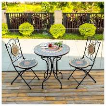 exproyzk Mosaic Patio Table Set, Round Outdoor Table with 2 Folding Chairs