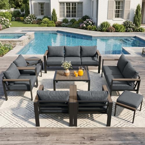 ADRERIC Patio Furniture Set 11 Seats and Coffee Table, 9 Pieces Patio Conversation Set with Thick Cushion, Ottomans, Deluxe Aluminum Modern Outside Sectional for Porch, Balcony, Deck, Yard, Light Gray