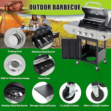 3-Burner Propane Gas Grill with Side Burner, Stainless Steel Outdoor Barbecue Grill with Wheels, Storage Cabinet, Temperature Gauge, for Patio Backyard Camping