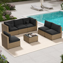 LHBcraft 7 Piece Outside Sectional Furniture Set, All Weather Wicker Patio Sofa, Outdoor Sectional Balcony Furniture with Black Cushion & Glass Coffee Table