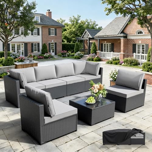 WWR Patio Furniture Set 7 Piece - All-Weather - Wicker Rattan Patio Outdoor Conversation Set, Modular Sectional Sofa for Backyard, Garden, Poolside, Balcony, Porch, Patio, Black/Light Gray