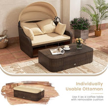 Moccha Outdoor Daybed with Retractable Canopy - PE Rattan Double Chaise Lounge w/ Soft Cushions, Pillows, Ottoman, Outside Sunbed, Wicker Loveseat Sofa, Sectional Conversation Set, Patio Furniture Set
