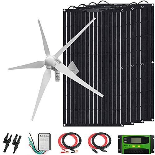 1400 Watts Solar Panel Wind Turbine Generator with 5 Blade Kit Hybrid System:4pcs 100W ETFE Flexible Monocrystalline Solar Panel for RV Curvy surface,1000W Wind Turbine off-grid system for home use