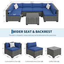 GarveeLife 7 Piece Outdoor Patio Furniture Set, Iron Frame Sectional Sofa Set with Gray Gradient Wicker and Blue Cushions, Outdoor Conversation Sofa Set for Garden and Patio