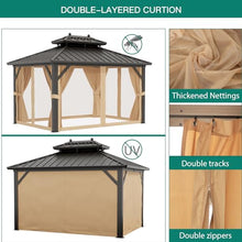 GAOMON Hardtop Gazebo 10x13ft with Nettings and Curtains, Heavy Duty Double Roof for Patio, Backyard, Deck, Lawn Brown