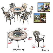 ERoomQ Wood Fire Pits Outdoor 122cm/48 Outdoor Garden Barbecue Table with Wood Burning Fire Pit, Aluminum Party BBQ Table and Chair Set, Multifunctional Dining Table with 4 Chairs