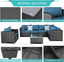 HTERWQEA 7‑Piece Wicker Patio Furniture Set Outdoor Couch Sectional Conversation Set with Glass Coffee Table and Cushions, All Weather Rattan Patio Furniture for Garden Poolside Backyard Porch