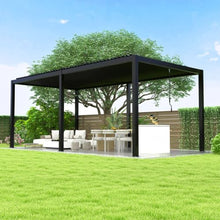 Powder-Coated Aluminum Pergola with 73 MPH Wind Resistance and Smart Drainage for Backyard Dining, Louvered Shade Shelter with Hand Crank Sun Control for Garden BBQ (10 x 19 FT+ Steel Louvers)