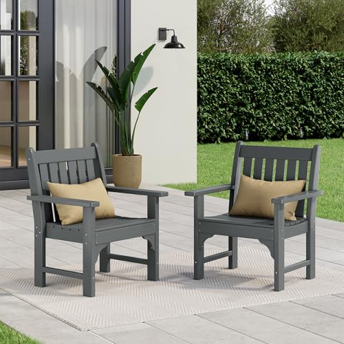 Costaelm Outdoor Dining Chairs with Arms Set of 2, Patio HDPE Garden Dining Table Chair, Poly Lumber Waterproof Restaurant Bistro Farmhouse Chairs for Outside Porch Backyard, Gray
