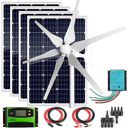 AUECOOR 12 Volts 880 Watts Solar Panel Wind Turbine Hybrid System Kit:4pcs 120W Glass Monocrystalline Solar Panel +400W Wind Turbine Generator+Accessories