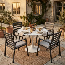 LeisureMod Bello 35" Round Outdoor Dining Table, Modern Black Metal, White