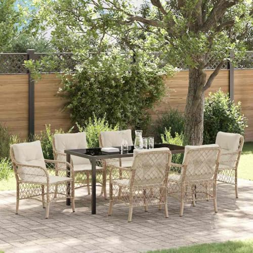 FUDUGEHMIOFWFJJ Modern 7-Piece Outdoor Dining Set with Cushions, Beige Poly Rattan Patio Furniture Set with Tempered Glass Table for Garden, Backyard, Balcony