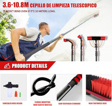 Professional Window Cleaning Kit, 3.6-10.8m Water Fed Extendable Brush, 3-in-1 Aluminum Outdoor Window Cleaner Hose, for Solar Panel, House Siding, Pool, RV,10.8m