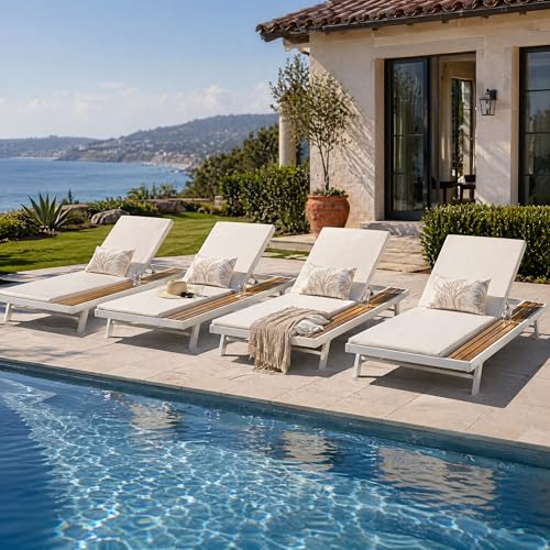 Merax 4 piece White Iron Teak Finish Chaise Lounge Set with 2" Thick 2-Fold Cushion, 400 lbs Capacity, Adjustable Backrest with Flat Storage Surface for Patio, Poolside, Backyard, Cream