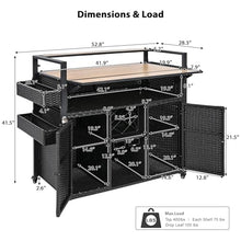 52.8"W Outdoor Grill Cart with Poly-Wood Top, Drop Leaf, Wine Rack, Spice Racks, Steel Frame and Wicker Weave Surface, Rolling Kitchen Island for Garden, Patio, Backyard, Poolside Cooking (Black)
