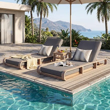 Merax 2 Piece White Finish Acacia Wood Chaise Lounge - 2 Pcs Frame + 2 Pcs 4" 3-Fold Dark Grey Water-Resistant Cushion, 400lbs Capacity, Adjustable Outdoor Recliner for Patio Poolside Backyard