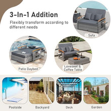 LDAILY Moccha Outdoor Wicker Daybed, Patio Rattan Loveseat Sofa w/ 4-Level Adjustable Backrest, Folding Panels, Storage Ottoman & Cushions, Lounge Furniture Set for Poolside Backyard Porch (Grey)