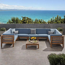 Great Deal Furniture GDFStudio Outdoor 9 Seater Acacia Wood Sectional Sofa Set, Teak Finish and Blue