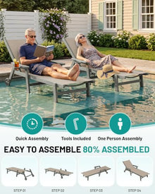 PLUUV Outdoor Pool Chaise Lounge Chairs Set of 4 with Cup Holder, Khaki
