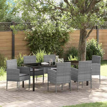 VGLQNRPT 7 Piece Poly Rattan Garden Dining Set, Patio Furniture with Tempered Glass Table and 6 Cushioned Chairs, Outdoor Seating for Backyard and Garden, Grey