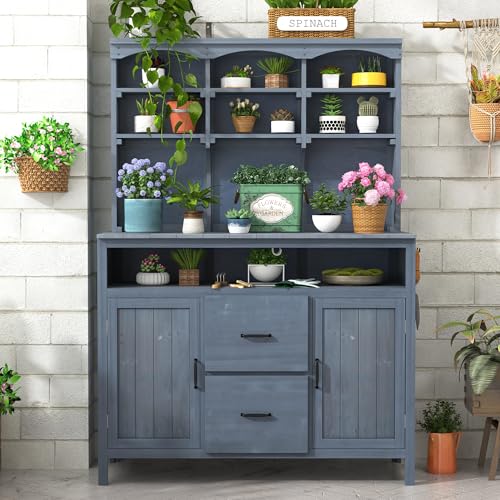 Merax 45.3" Large Outdoor Fir Wood Potting Bench with Storage, Multi-Functional Patio Kitchen Island with 6-Shelf Hutch+2 Cabinets+2 Drawers+3 Hooks, Garden Workstation for Planting, Gardening, Gray