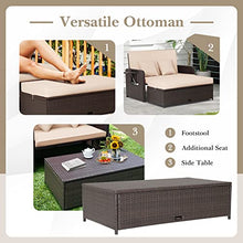 Tangkula Patio Rattan Daybed with 4-Level Adjustable Backrest, Outdoor PE Wicker Loveseat with Storage Ottoman & Folding Side Tray, Double Sunbed Lounger for Balcony, Backyard & Poolside