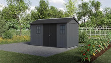 Keter Newton Plus 7.5x13 Ft All-Weather Storage Shed with Skylight, Window, Built-in Ventilation, Customizable Walls, & Lockable Double Doors, Graphite