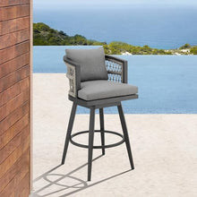 Armen Living Zella Outdoor Patio Swivel Bar Stool in Aluminum with Light Gray Rope and Earl Gray Cushions