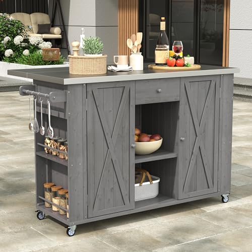Merax XL Outdoor Table with Stainless Steel Top for Kitchen Prep and Storage Cabinet for Grilling Accessories, Outdoor Kitchen Island Grill Cart with Towel and Spice Racks & a Bottle Opener, Grey