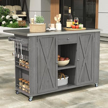Merax XL Outdoor Table with Stainless Steel Top for Kitchen Prep and Storage Cabinet for Grilling Accessories, Outdoor Kitchen Island Grill Cart with Towel and Spice Racks & a Bottle Opener, Grey