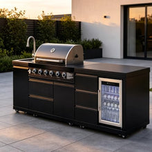 Modular Stainless Steel Outdoor Kitchen Island,All-in-One BBQ Grill Station with Sink,Storage Drawers, Side Prep Counter (101 IN Black Side Burn Sink Fridge, 101", Propane Gas Grill)